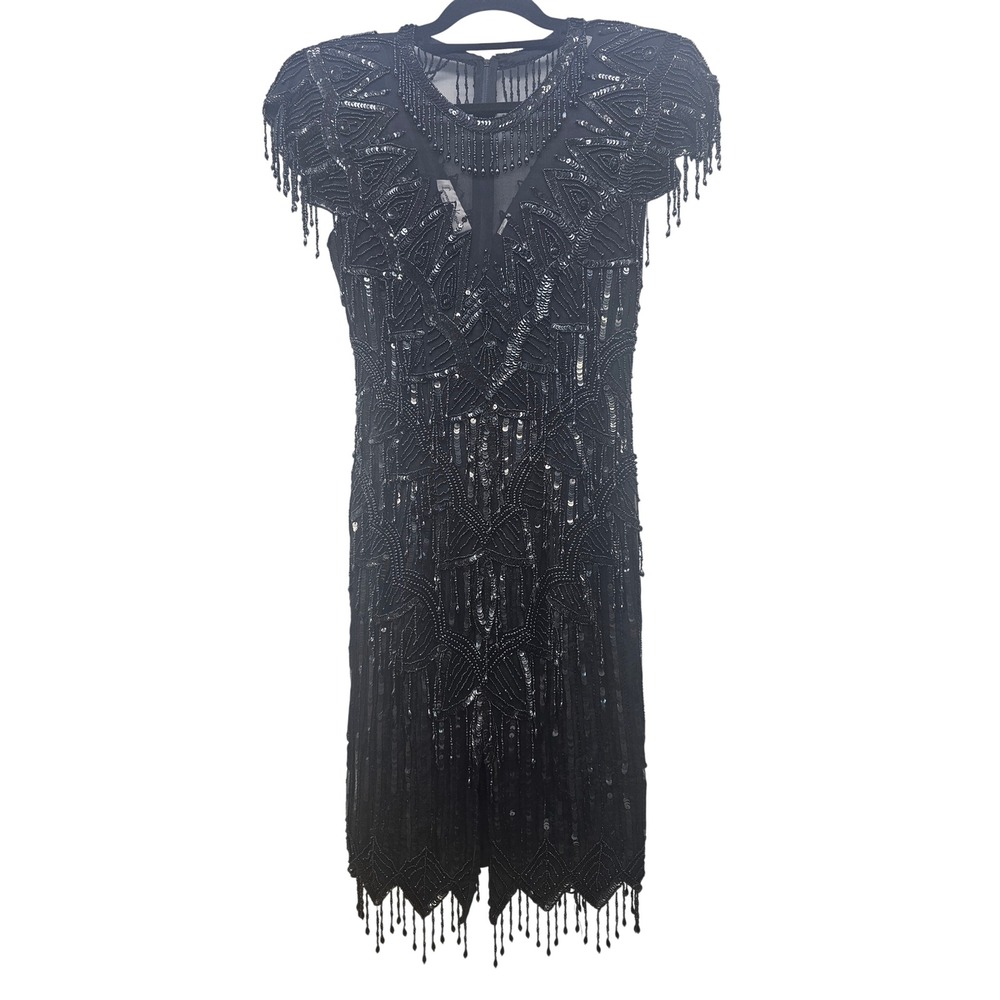 Laurence Kazar Vintage Black Beaded Silk Dress Art Deco Fringe Sequin Small